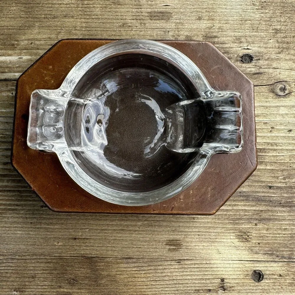 Vintage Ashtray MCM Glass exposed stitching Leather Monogrammed
